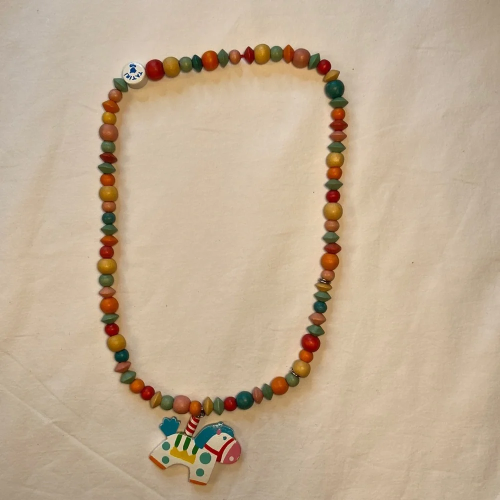 Tatiri wooden beaded necklace with horse pendant, necklace approx 18”‎ + horse